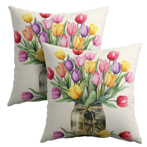 Anyako Spring Summer Colorful Flowers Throw Pillow Covers 18X18 Inches Set of 2 Tulip Floral Mason Jar Pillowcase Soft Cot...