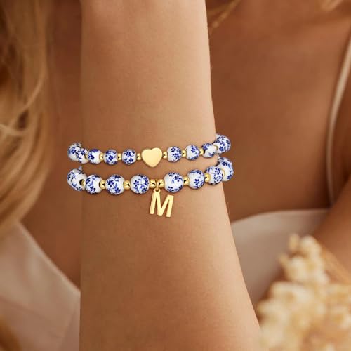 Maxcate Bead Charm Heart Initial Bracelet for Women Girls - 2PCS Flower Vintage Heart Initial Bracelet Teen Girls Gifts Ha...