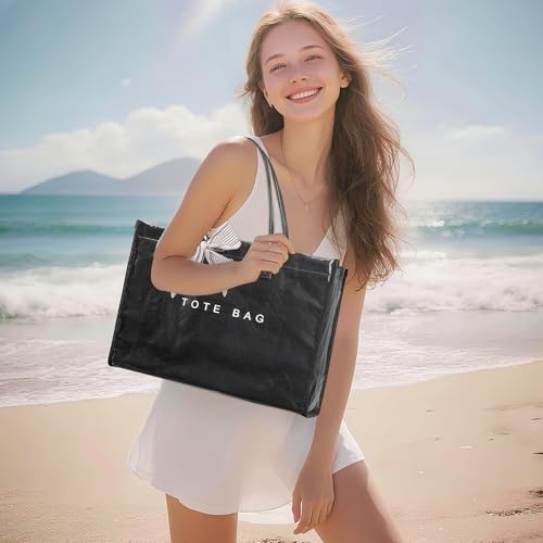 Lushandy PVC Tote Bag for Women, Large Plastic Tote Purse Work Kraft Paper Letter Print Shoulder Bag Carry All Hobo Handbag