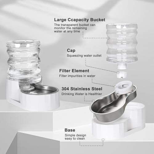 RIZZARI Dog Water Bowl Dispenser: 5L Large Stainless Steel Gravity Feeder - Helps Prevent Urinary Stones -Leak-Proof -Spil...