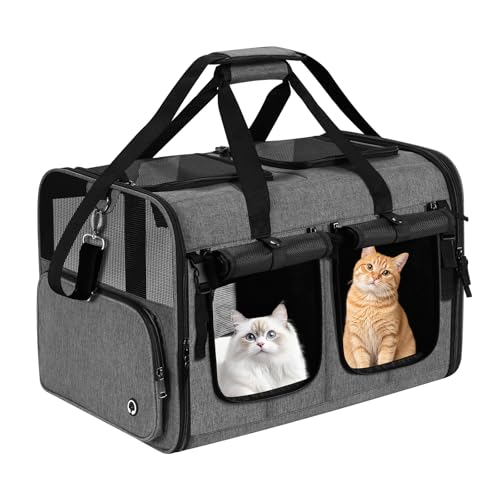 Groxkox Cat Carrier for 2 Cats, Foldable Double Cat and Dog Carrier, Small to Medium Size, 2 Front Zippered Compartments,T...