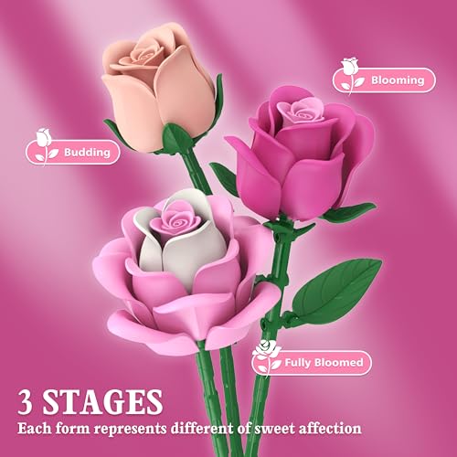 Pink Rose Bouquet Flowers Building Set, 834Pcs Roses Artificial Flowers Botanical Collection Gift for Mothers Day Mom Wome...