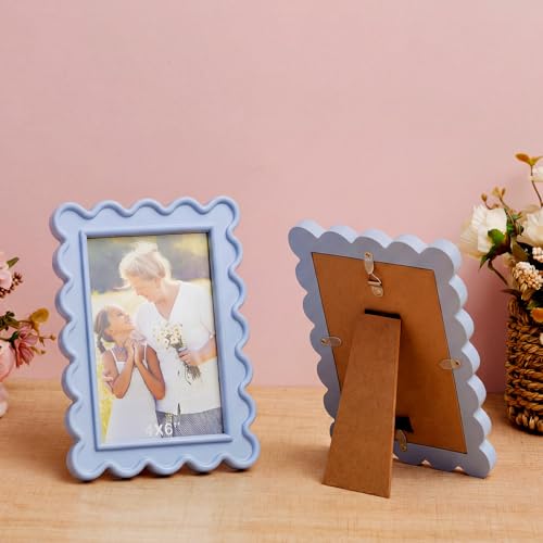 AceOrbit 4x6 Inches Haze Blue Flower Wavy Picture Frame Cute Wavy Edge Wooden Real Glass Photo Frame for Desktop Display H...