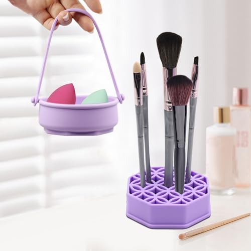 Makeup Brush Cleaning Mat - Makeup Brush Cleaner, Portable Silicone Makeup Brush Cleaner Bowl with Drying Holder (Purple)