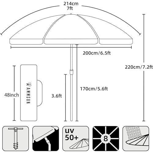 AMMSUN 7ft Heavy Duty High Wind Beach Umbrella Parasols with Sand Anchor Vent Tilt UPF 50+ Sun Protection Portable Outdoor...