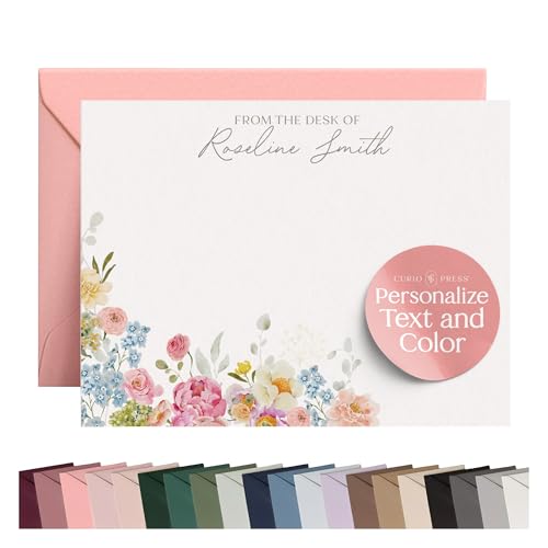 Personalized Stationery for Women, Floral Flat Card with Custom Note Cards Name, Watercolor Personalized Note Cards with E...