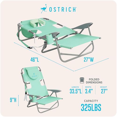 Ostrich the Heavy-Duty Backpacker, Portable Beach Chair with Face Hole, Adjustable Lounge Chair with Face Opening, Cup Hol...