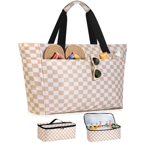ISEYOU Beach Bag and Cooler Bag Set, 45L Waterproof XXL Foldable Tote with Zipper, 8 Pockets for Pool, Picnic, Travel