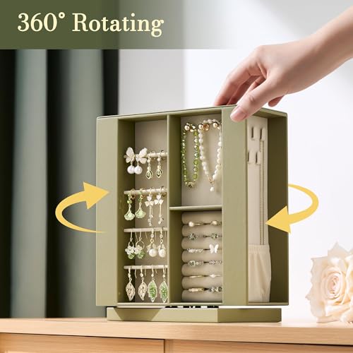 pickpiff Jewelry Box Organizer for Women: 360 Rotating Vertical Storage Case, Black Leather with Blush Velvet, Ring Neckla...
