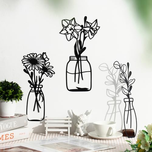 Zzbakress 3 Piece Metal Flowers and Vases Wall Decoration Minimalist Art Wall Sculpture Daffodils Chrysanthemum Eucalyptus...