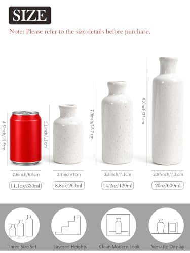 Sikkis Small White Speckled Ceramic Vase Set of 3, Decorative Modern Vases for Shelf, Table, Living Room, Dried Flowers