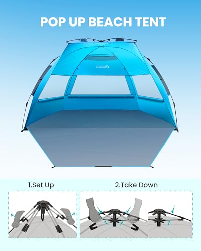OutdoorMaster Beach Tent Sun Shelter for 3-4 Person, Pop Up Beach Tent Easy Setup with Sandbags, Portable Sun Shade Canopy...