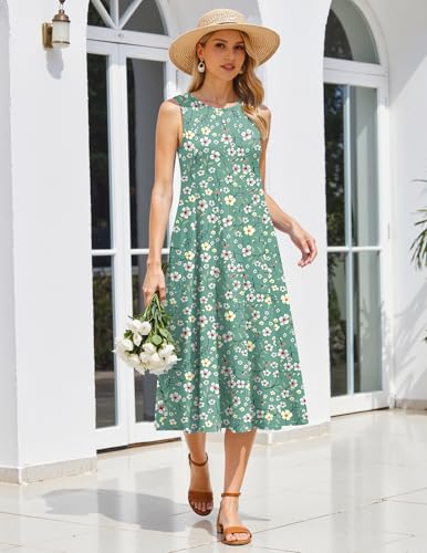 HOTOUCH Summer Casual Dresses for Women Sleeveless Midi Dress Swing Tank Sundress Pleated Tshirt Dress with Pockets