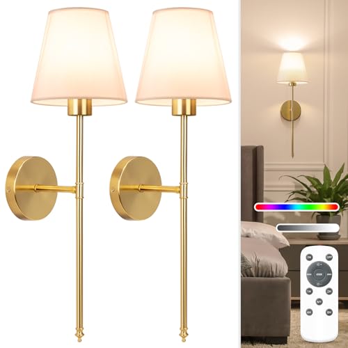 NIORSUN Battery Operated Wall Sconce Set of 2,Gold Rechargeable Wall Lights with 5200mAh Dimmable Bulbs and Remote,10 Colo...