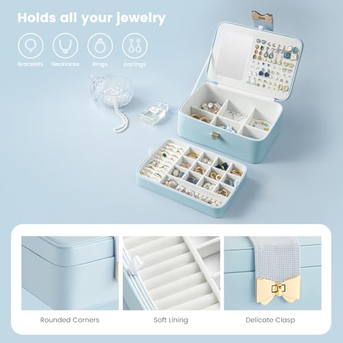 Lolalet 2 Layer Jewelry Box for Teen Girls & Young Women, Jewelry Organizer Case with Bow Clasp and Mirror for Earrings Ri...