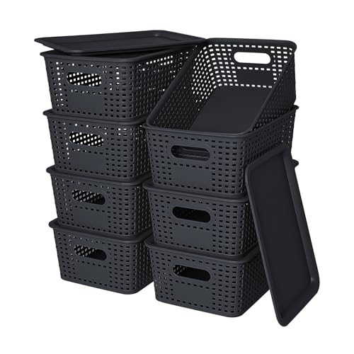 Plastic Storage Baskets with Lid-Plastic Storage Containers Stackable Storage bins: Storage Baskets for Organizing Shelves...