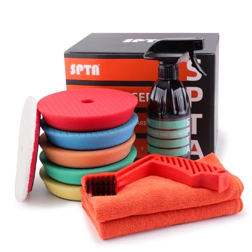 SPTA 10 Pcs Detailing Set, 5Pc 5 inch Buffing Polishing Pads, 1 Microfiber Finish Pad, 1-16 oz Polishing Cleaner, 1 Condit...