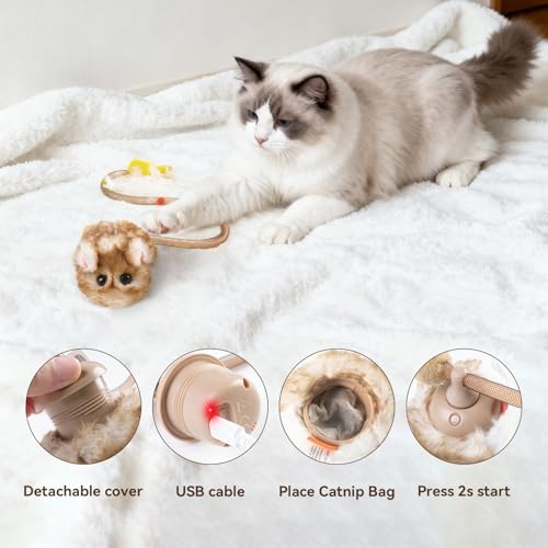 Migipaws Interactive MigiMouse Cat Toy 360° Rolling & Spin with Mesh Plastic Tail for Indoor Cats Smart Motion Sensor, Rea...