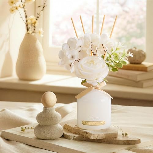 COCORRÍNA Reed Diffuser Set, 6.7oz Flower Reed Diffuser with Sticks, Clean Linen Essential Oil, Long Lasting Home Fragranc...