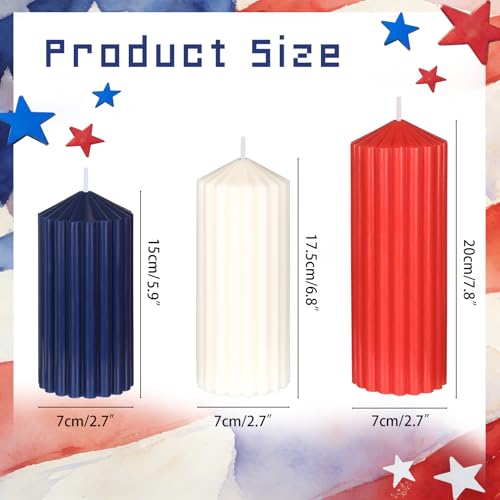 MTLEE Set of 3 Red White Blue Ribbed Pillar Candles 4th of July Ribbed Candles Set 5.91'' 6.89'' 7.87'' Wax Unscented Pill...