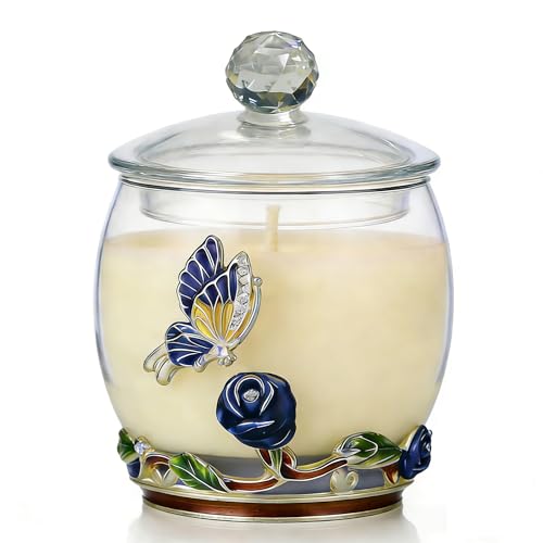 Scented Candles Gifts for Women - Enamel Butterfly & Blue Rose Decorative Glass Jar with Faceted Crystal Lid, Special Cand...