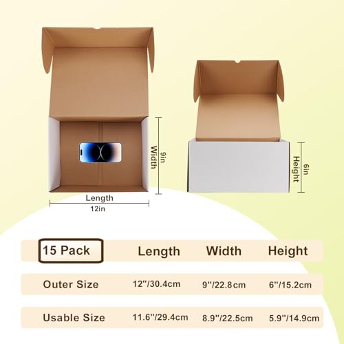 WIFTREY 12x9x6 inches White Shipping Boxes pack of 15, Corrugated Cardboard Boxes 12 x 9 x 6 for Packaging Small Business,...