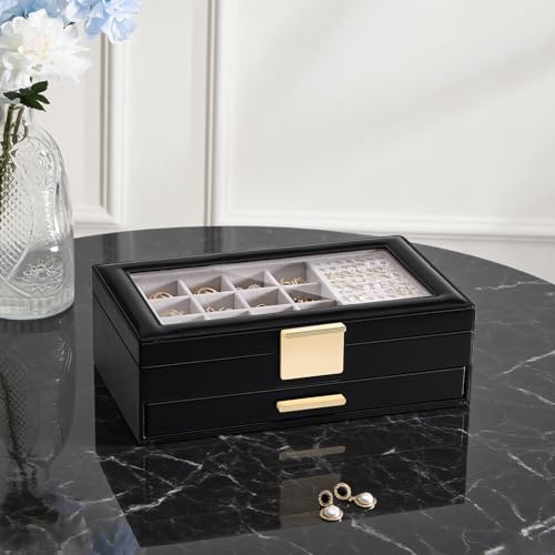 Lolalet Earring Storage Box Case with Glass Top, Large Earring Jewelry Holder Organizer Display with Drawer and Grid, Gift...