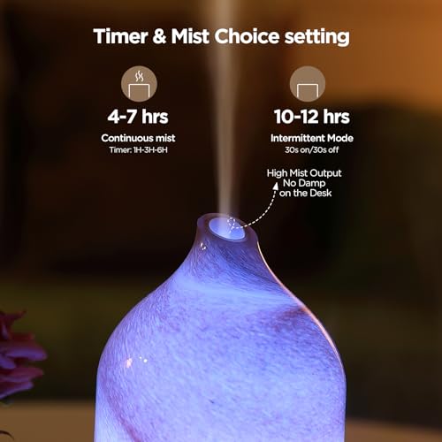Essential Oil Diffuser Hand Blown Glass Aromatherapy Diffuser - Ultrasonic Cool Mist Scent Aroma Diffuser, Whisper Quiet w...