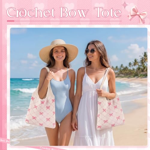 Sanwuta 2 Pcs Pink Bow Crochet Tote Bag Beach Bow Mesh Knitted Shoulder Bag Coquette Aesthetic Bohemian Bags for Women