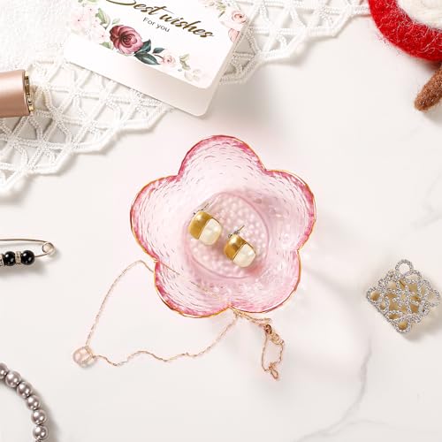 Gifts for Women Pink Flower Ring Dish Glass Jewelry Dish Jewelry Tray Cute Vanity Organizer Room Decor Aesthetic Nightstan...