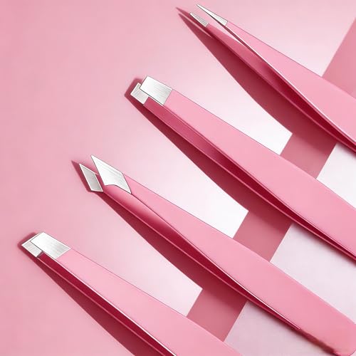 Tweezers for women facial hair, Stainless Steel Pink Tweezers Set for Eyebrows, Facial Hair, Splinter & Ingrown Hair Remov...