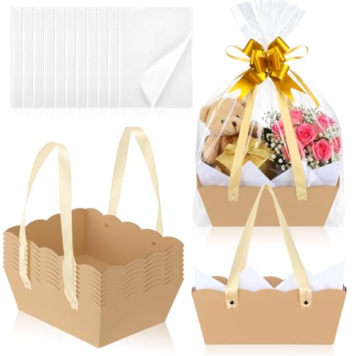 Fuyoooo 8 Sets Baskets for Gifts Empty Sturdy Kraft 10x9'' Scalloped Edge Thick Kraft Baskets with Handles 16 Tissue Paper...