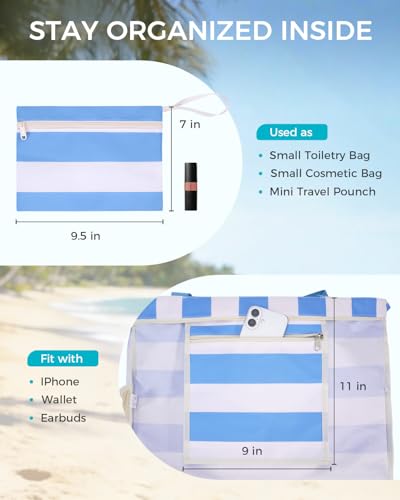 WANDF Beach Bags for Women, Large Waterproof Sandproof Beach Tote Bag with Zipper Family Pool Bags with 40oz Tumbler Pocke...