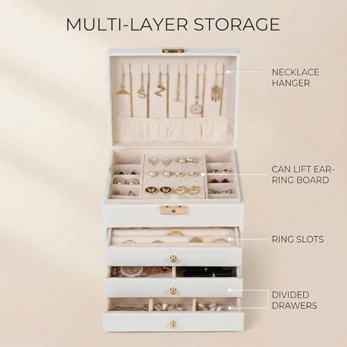 Vandozis Leather Jewelry Box with Lock for Women, 4-Tier 3-Drawer Jewelry Organizer, Large Capacity Vanity Storage Case fo...