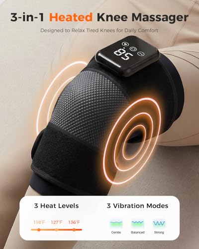 3-in-1 Knee Massager for Pain Relief with Heat, Portable Heated Knee Brace with Extension Strap for Knee, Elbow & Shoulde...