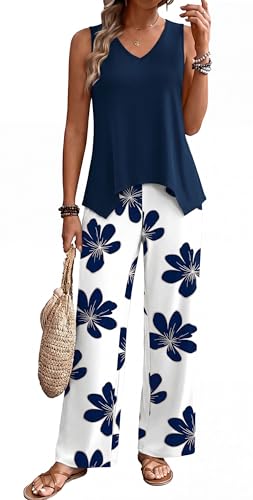 WIHOLL Two Piece Sets for Women Dressy Lounge Sets Summer Outfits Cruise Travel Beach Vacation Casual Wide Leg Pants Set