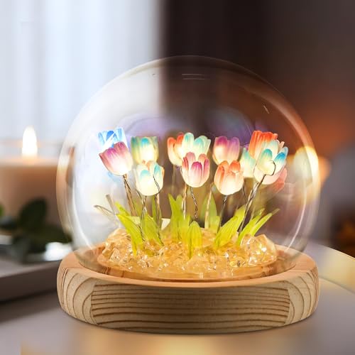 ONXE White Elephant Christmas Gifts for Adults Teens,Tulips Night Light Small Glass Flower Lamp for Home Decor Romantic Bi...