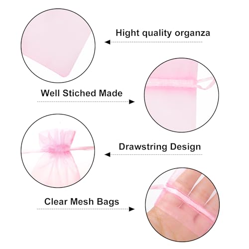 G2PLUS 25PCS Pink Drawstring Organza Bags 5x7 inches, Sheer Mesh Jewelry Pouches, Organza Gift Bags for Candy, Jewelry, We...