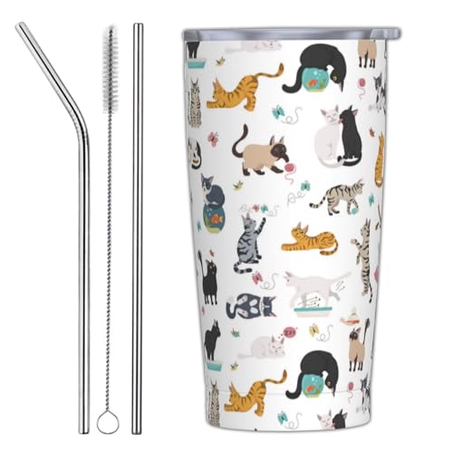 Yobvec Cat Tumbler with Lid and Straw, 20 Oz Stainless Steel Cups Insulated Water Bottle Coffee Mug Gifts for Cat Lover
