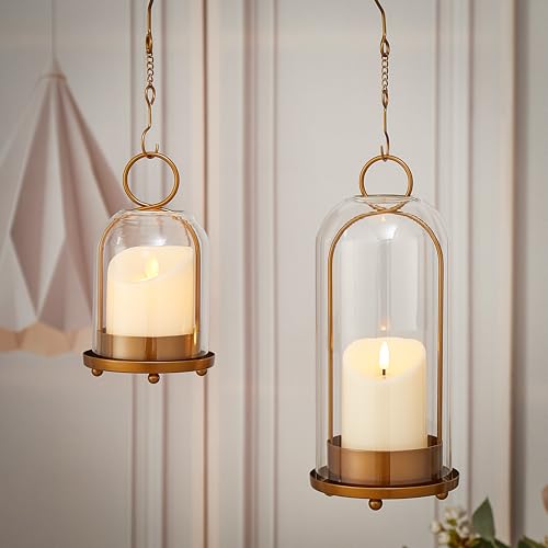 Gdfmsc Hurricane Metal & Glass Candle Holder Gold Set of 2, Decorative Candlestick Pillar Candle Holder with Clear Glass f...