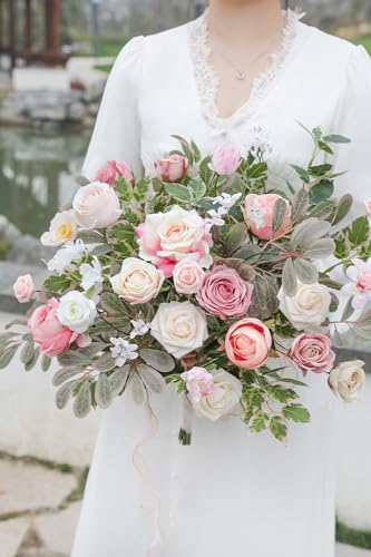 rongflower Pink Artificial Flowers Combo Set Fake Flower Leaf Box with Stemst for DIY Wedding Bridal Bouquet, Centerpiece...