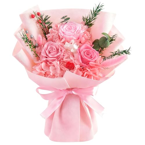 Gnifot Preserved Flowers Bouquet, Flowers for Delivery,Handmade Pink Rose Bouquets Lasting 3-5 Years, Luxury Gift Box,Birt...