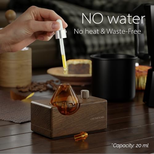 Amber Premium Glass Essential Oil Diffuser with Handmade Wood Base for Aromatherapy, Retro Waterless Scent Diffuser with C...