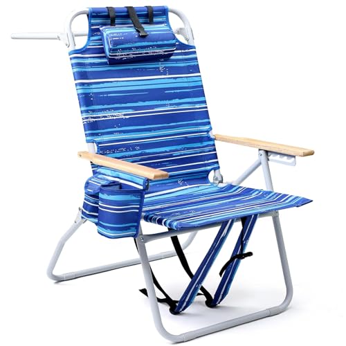 Tall Beach Chairs for Adults, 17" High Backpack Beach Chair with Wooden Armrests, 5 Positions Reclining Heavy Duty Chair w...