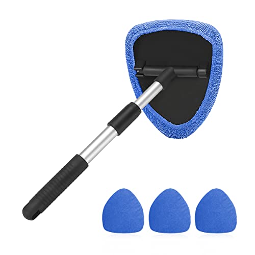 Windshield Cleaning Tool, Car Window Cleaner with Extendable Long Handle and 4 Washable Reusable Microfiber Pads, Auto Int...