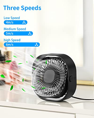 RJVW 4 Inch Small USB Desk Fan, 3-Speed Portable & 360°Rotatable Mini Cooling Fan, USB-Powered Desktop Fan for Home Office...