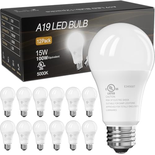 TJOY 12 Pack LED Light Bulbs, 100 Watt Equivalent A19, 5000K Daylight LED Bulb, 15W Bright White Energy Saving Lightbulbs ...