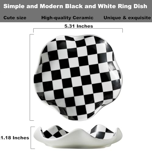 Aesthetic Ring Holder Dish, Cute Small Trinket Dish, Ceramic Jewelry Tray,Modern Checkered Cool Stuff for Girly Room Deco...