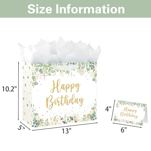 Yusenguan 13" Sage Green Birthday Gift Bag with Tissue Paper and Greeting Card for baby Girls or Boy Women Men Birthday Party