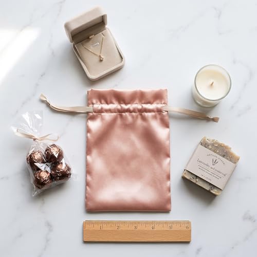 Knitial 50 Pack 5" x 8" Rose Gold Satin Gift Bags with Drawstring, Jewelry Pouches, Wedding Favor Bags for Baby Shower Bir...